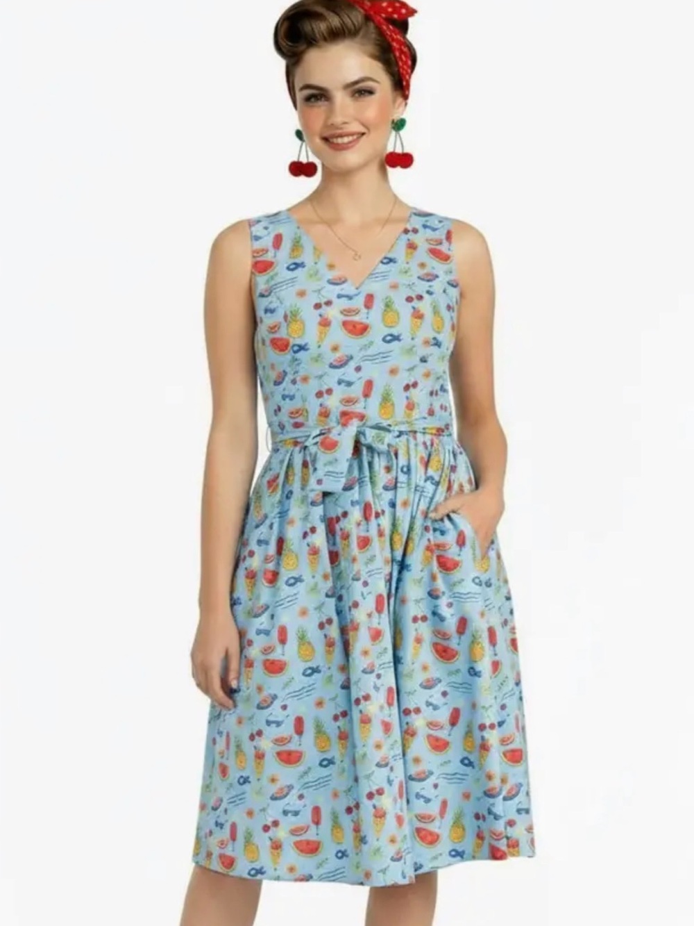 NWT TulipB Blue Fruit Print Cotton Fit & Flare Dress Large Summer Tie Waist - Picture 3 of 9